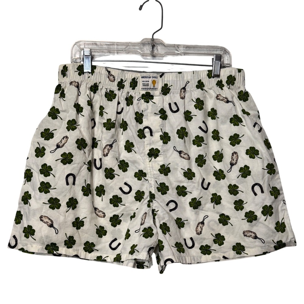 American Eagle Mens St Patricks‎ Day Clover Horseshoe Boxer Shorts White XL